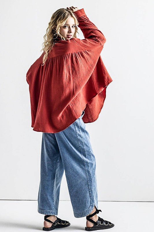 Oversized Pleat Ballon sleeve High and low Top - Sleekdenim.com