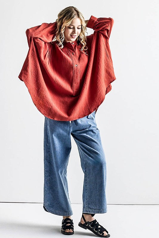 Oversized Pleat Ballon sleeve High and low Top - Sleekdenim.com