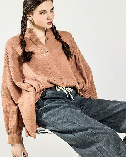 Oversized Pleat Ballon sleeve High and low Top - Sleekdenim.com