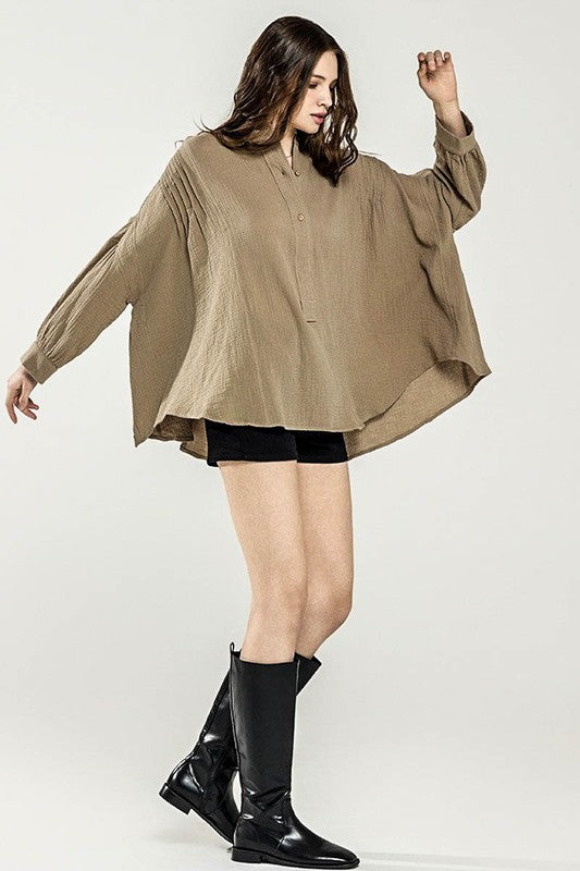 Oversized Pleat Ballon sleeve High and low Top - Sleekdenim.com