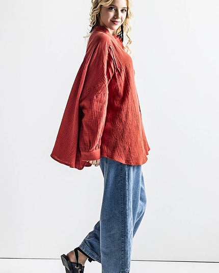 Plus Oversize Pleat Ballon sleeve High and low Top - Sleekdenim.com