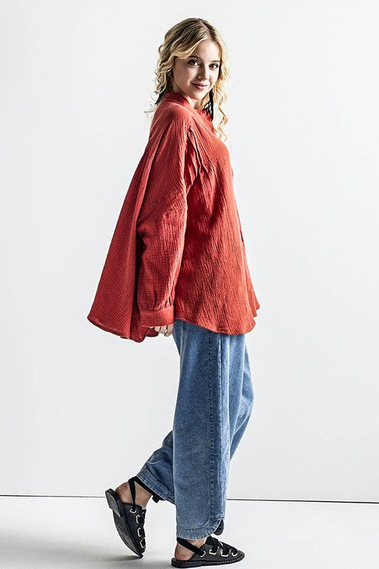 Plus Oversize Pleat Ballon sleeve High and low Top - Sleekdenim.com