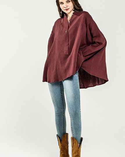 Plus Oversize Pleat Ballon sleeve High and low Top - Sleekdenim.com