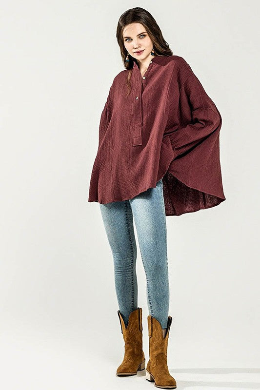 Plus Oversize Pleat Ballon sleeve High and low Top - Sleekdenim.com