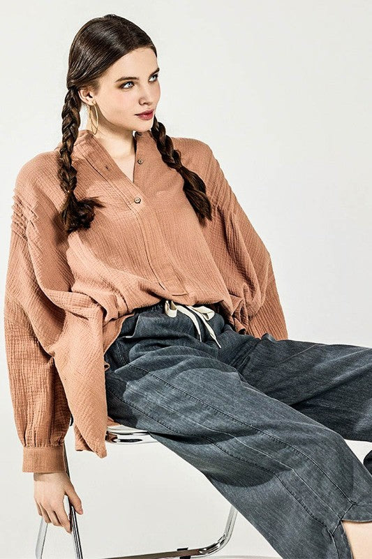 Plus Oversize Pleat Ballon sleeve High and low Top - Sleekdenim.com