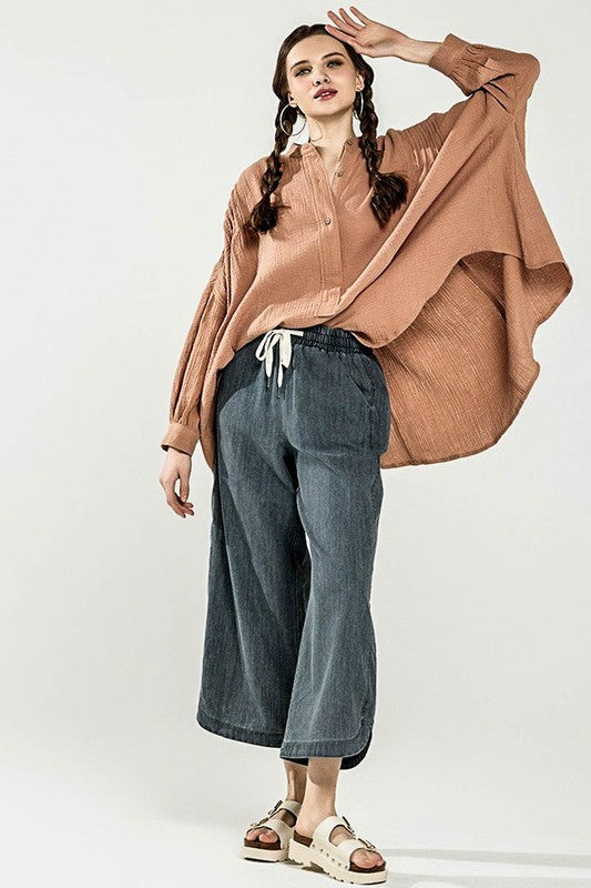 Plus Oversize Pleat Ballon sleeve High and low Top - Sleekdenim.com