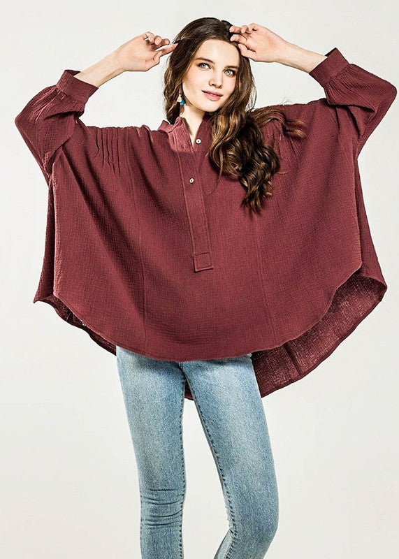 Plus Oversize Pleat Ballon sleeve High and low Top - Sleekdenim.com