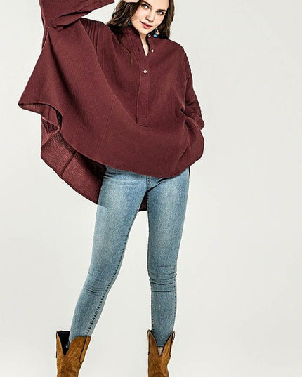 Plus Oversize Pleat Ballon sleeve High and low Top - Sleekdenim.com