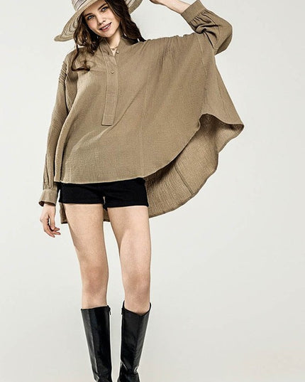 Plus Oversize Pleat Ballon sleeve High and low Top - Sleekdenim.com