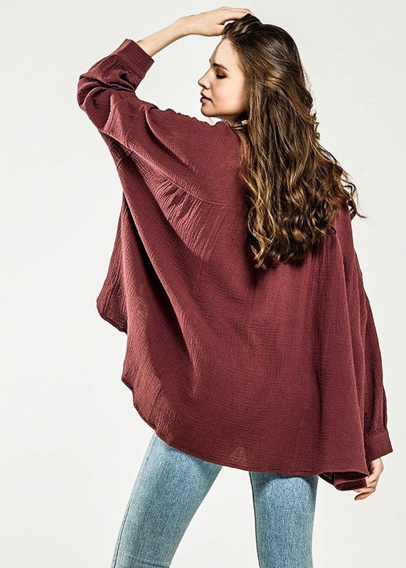 Plus Oversize Pleat Ballon sleeve High and low Top - Sleekdenim.com