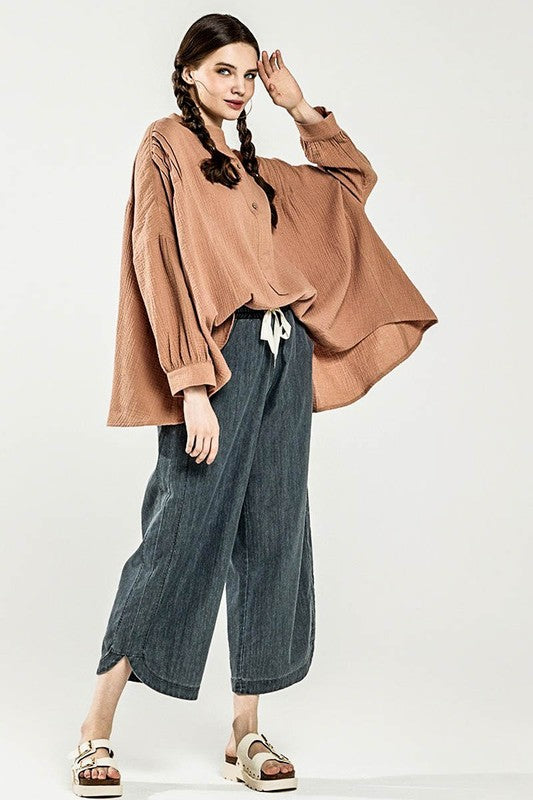 Plus Oversize Pleat Ballon sleeve High and low Top - Sleekdenim.com
