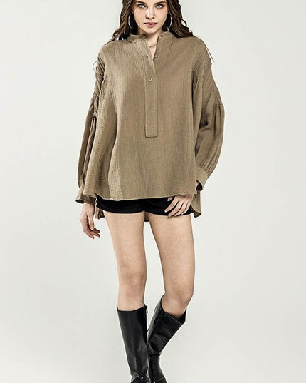 Plus Oversize Pleat Ballon sleeve High and low Top - Sleekdenim.com