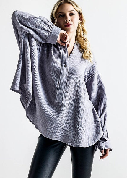 Plus Oversize Pleat Ballon sleeve High and low Top - Sleekdenim.com