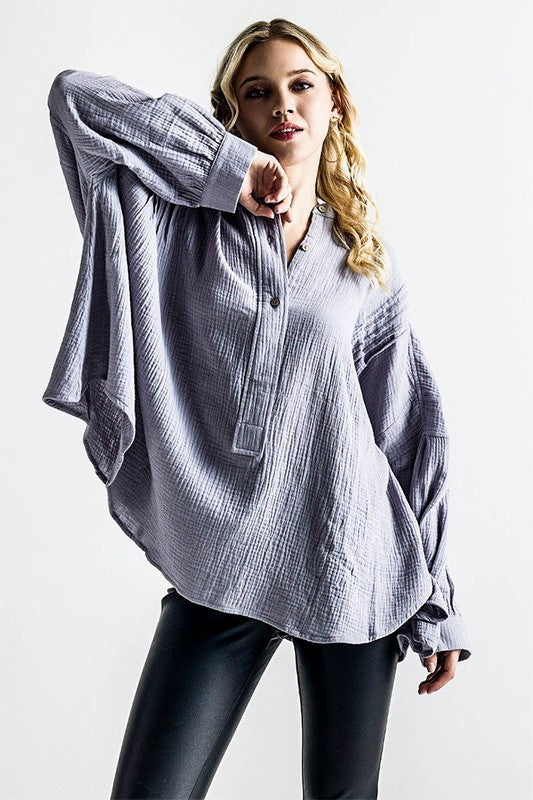 Plus Oversize Pleat Ballon sleeve High and low Top - Sleekdenim.com