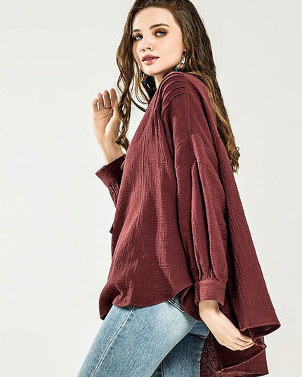 Plus Oversize Pleat Ballon sleeve High and low Top - Sleekdenim.com