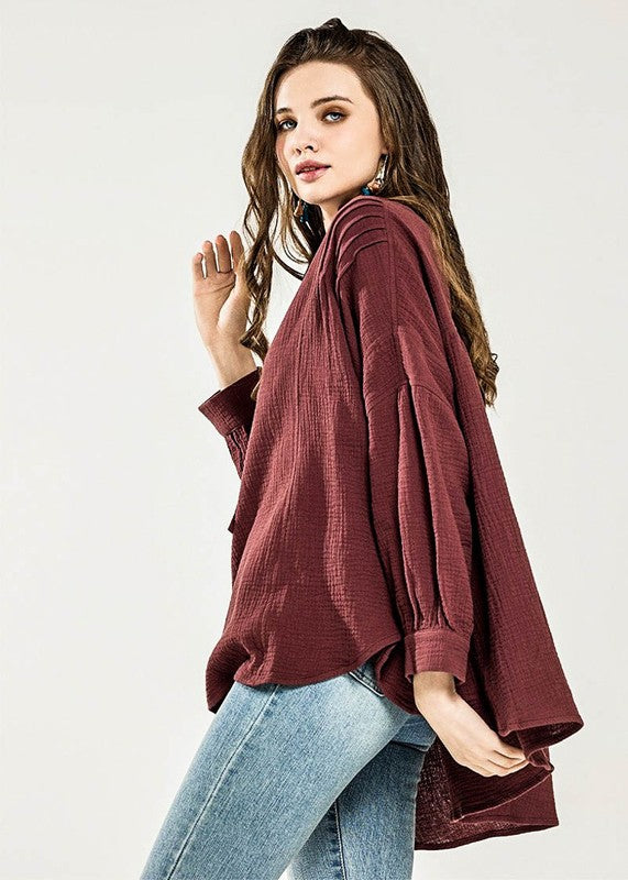 Plus Oversize Pleat Ballon sleeve High and low Top - Sleekdenim.com