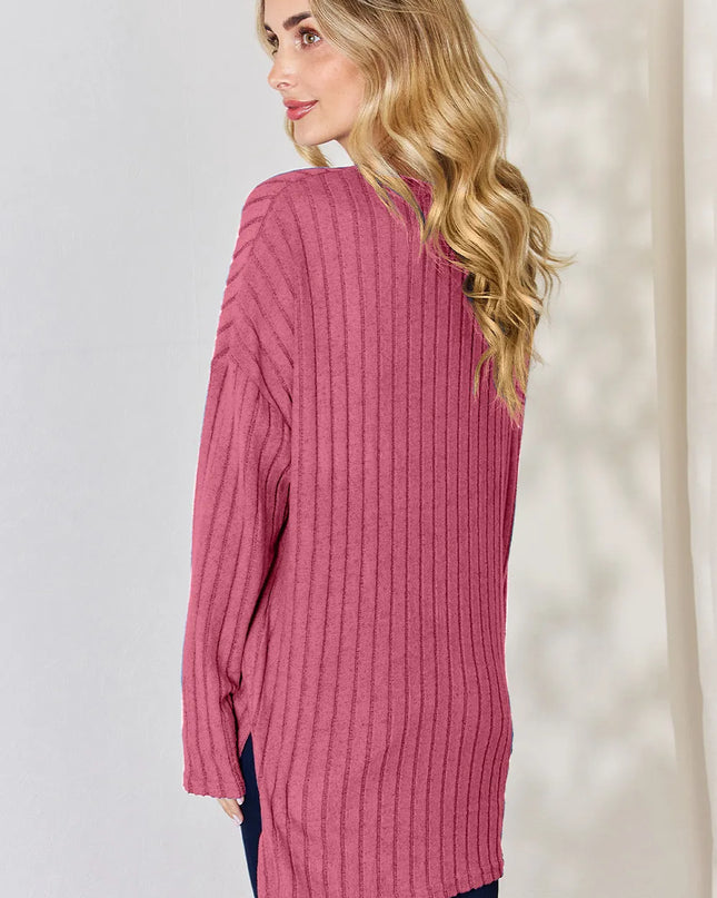 Basic Bae Full Size Ribbed Half Button Long Sleeve High-Low T-Shirt - Sleekdenim.com