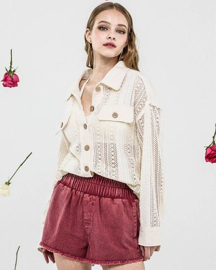 Plus Boho Crochet Lace Button Down Cotton Shacket - Sleekdenim.com