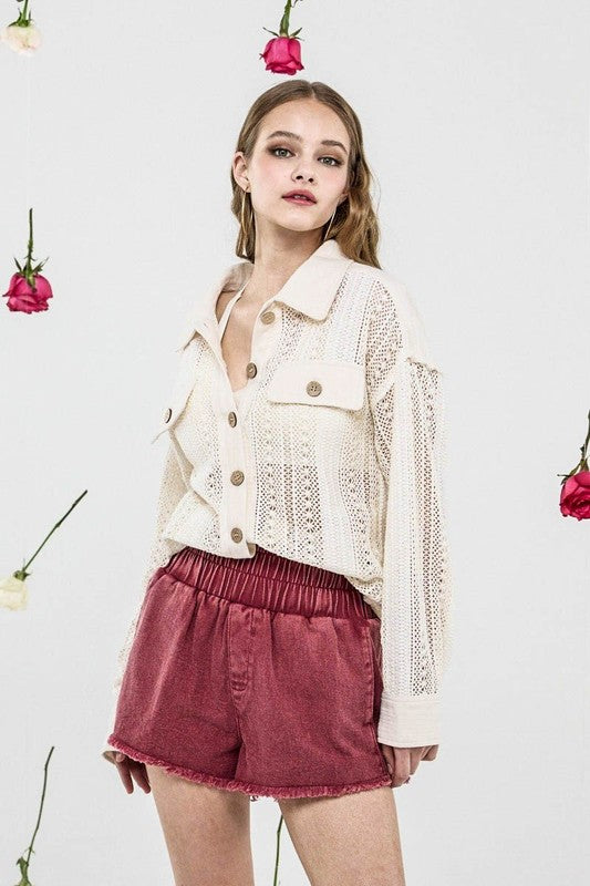 Plus Boho Crochet Lace Button Down Cotton Shacket - Sleekdenim.com