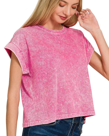 Zenana Halo Washed Cotton Cuffed Short Sleeve Top - Sleekdenim.com