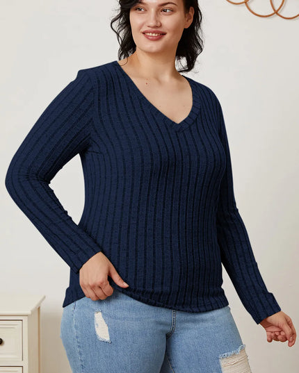 Basic Bae Full Size Ribbed V-Neck Long Sleeve T-Shirt - Sleekdenim.com