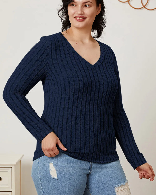 Basic Bae Full Size Ribbed V-Neck Long Sleeve T-Shirt - Sleekdenim.com