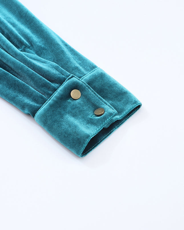 Red Frilled Buttoned V Neck Velvet Blouse