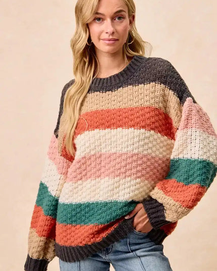 BiBi Stripes Color Block Chunky Sweater - Sleekdenim.com