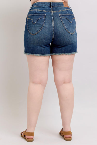 Judy Blue Tummy Control Fray Hem & Shield Back Pockets Denim Shorts | Sleekdenim.com