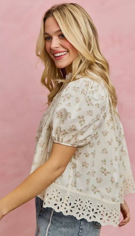 SO ME Floral Print Lace Trim Short Sleeves Blouse - Sleekdenim.com