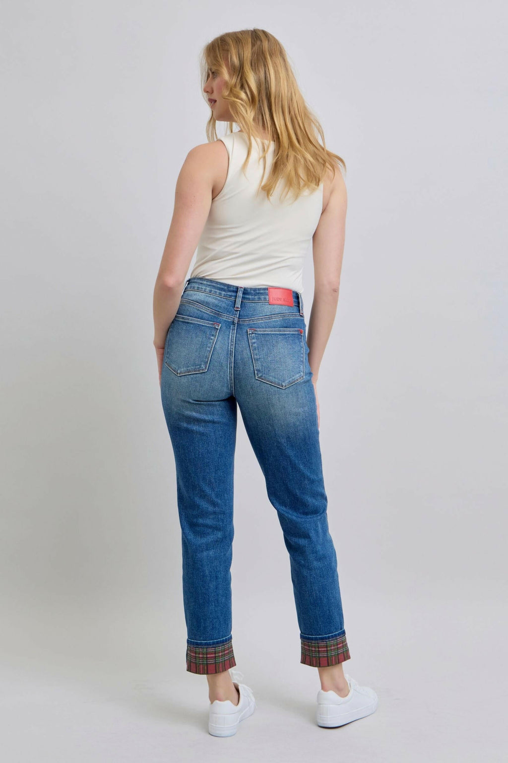 Judy Blue High Rise Medium Wash Non Distressed Slim Jeans with Plaid Patch | Sleekdenim.com