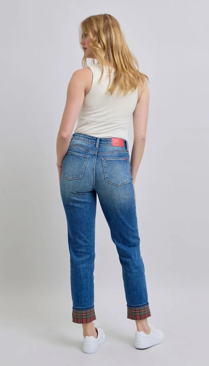 Judy Blue Full Size Plaid Print Cuff Straight Leg Jeans with Pockets - Sleekdenim.com