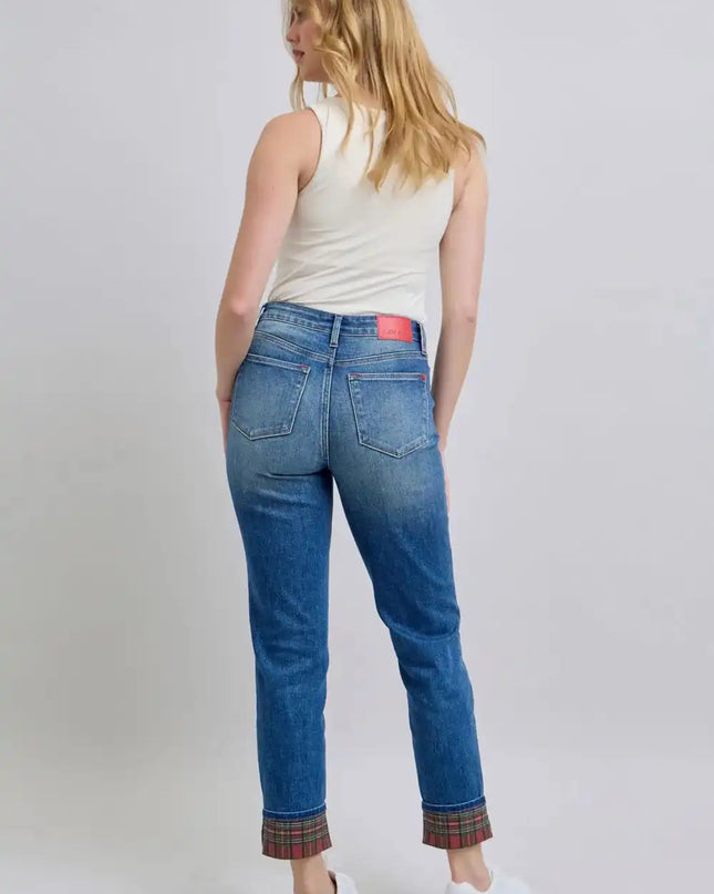 Judy Blue Full Size Plaid Print Cuff Straight Leg Jeans with Pockets - Sleekdenim.com