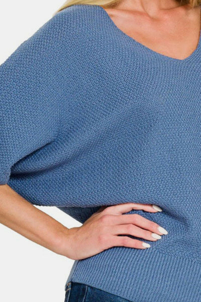 Zenana V-Neck Short Sleeve Dolman Sweater Dusty Blue