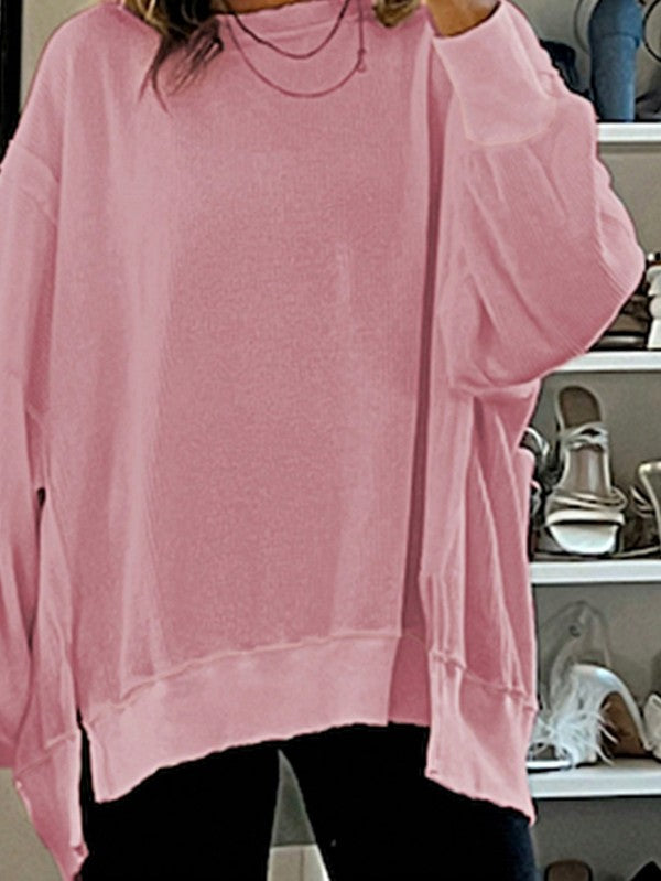 Cotton Waffle Bishop Split Oversized Pullover - Sleekdenim.com