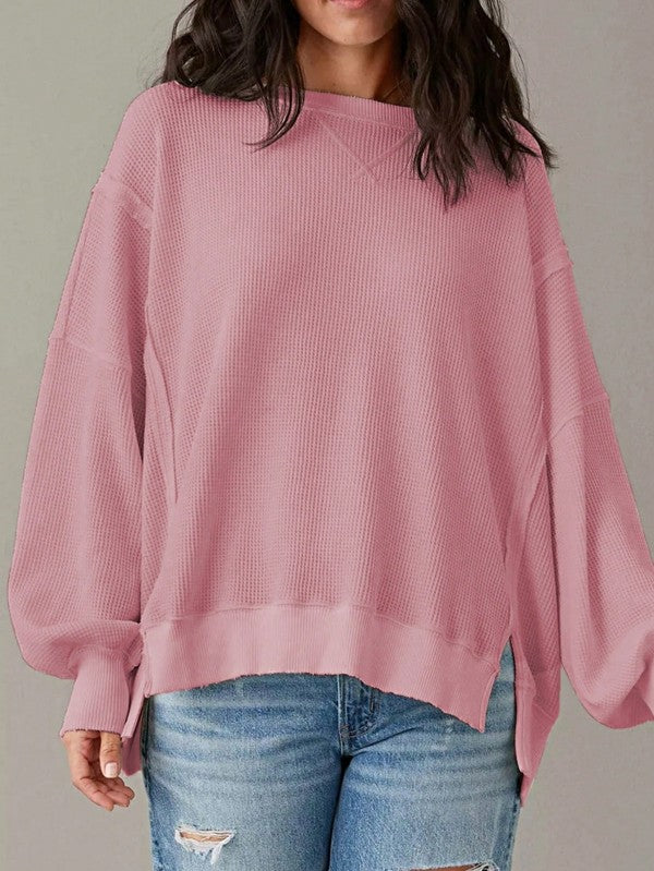 Cotton Waffle Bishop Split Oversized Pullover - Sleekdenim.com
