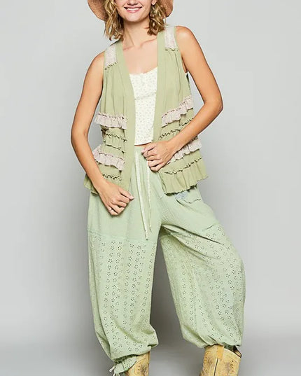 POL Ruffled Open Front Sleeveless Cardigan - Sleekdenim.com