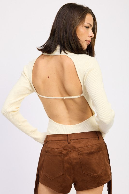 LONG SLEEVE TURTLE NECK BODYSUIT WITH OPEN BACK - Sleekdenim.com