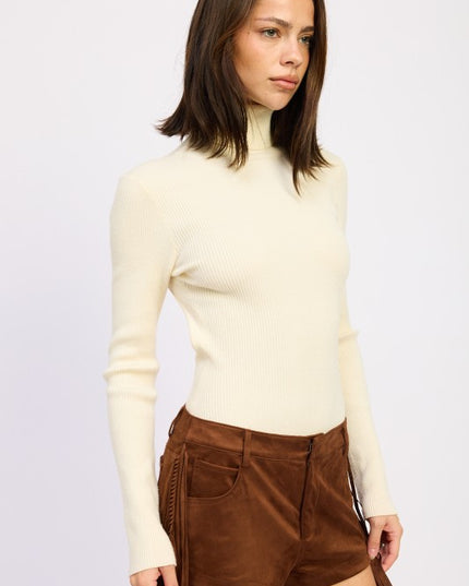 LONG SLEEVE TURTLE NECK BODYSUIT WITH OPEN BACK - Sleekdenim.com