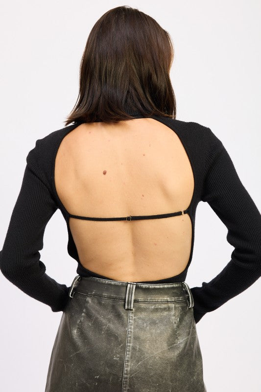 LONG SLEEVE TURTLE NECK BODYSUIT WITH OPEN BACK - Sleekdenim.com
