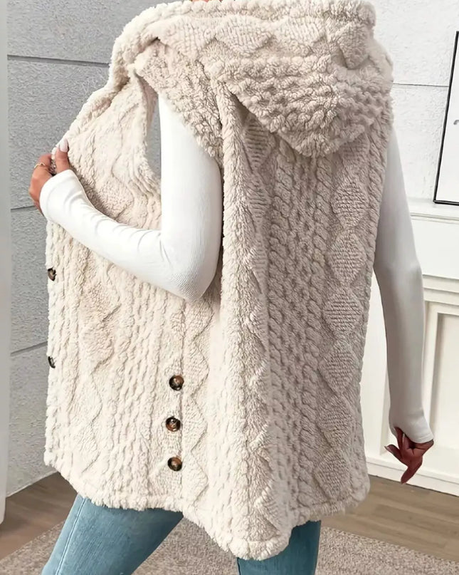 Hooded Button-Up Sherpa Vest Coat - Sleekdenim.com