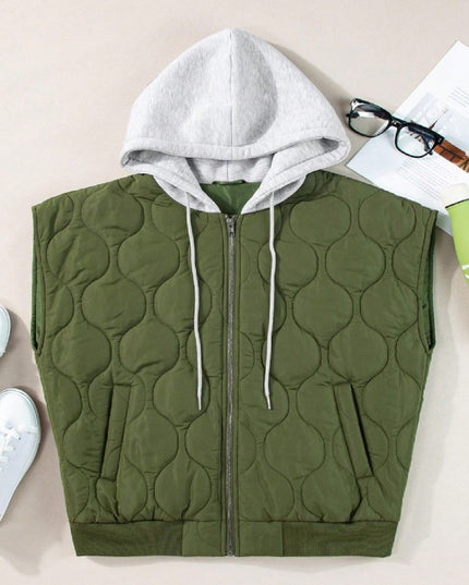 Oversized Drawstring Hooded Zip Up Puffer Vest - Sleekdenim.com