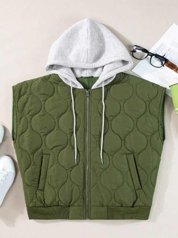 Oversized Drawstring Hooded Zip Up Puffer Vest - Sleekdenim.com