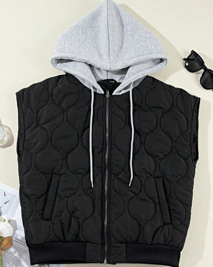 Oversized Drawstring Hooded Zip Up Puffer Vest - Sleekdenim.com
