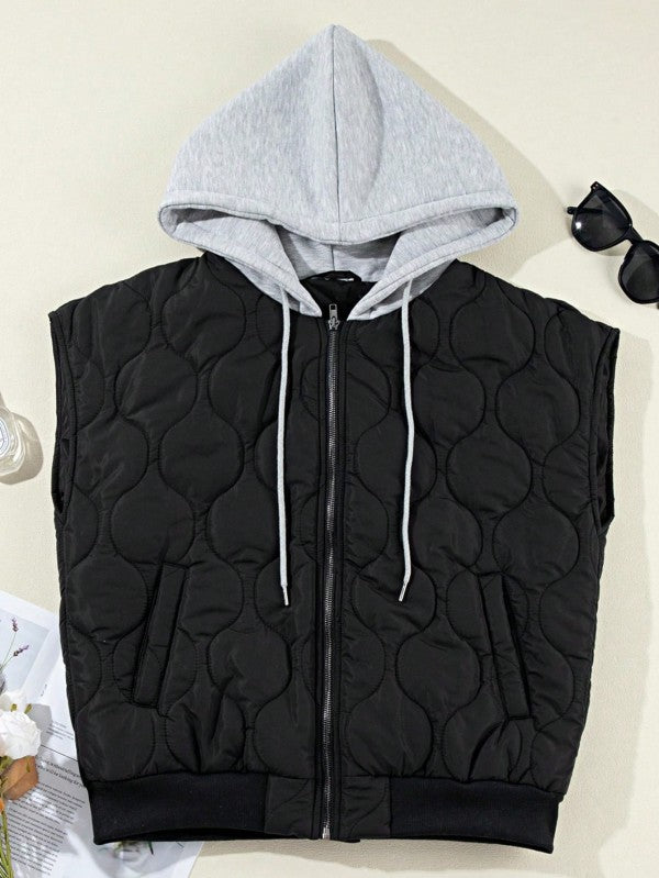Oversized Drawstring Hooded Zip Up Puffer Vest - Sleekdenim.com