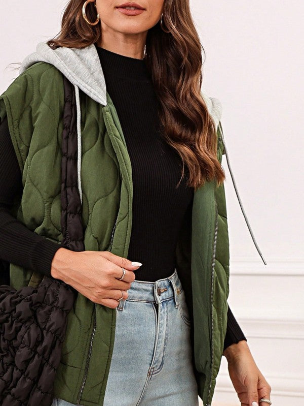 Oversized Drawstring Hooded Zip Up Puffer Vest - Sleekdenim.com