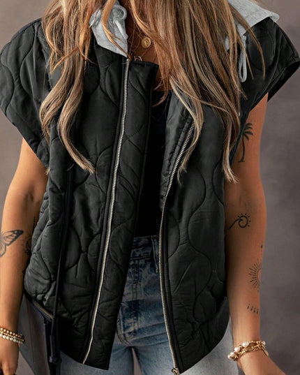 Oversized Drawstring Hooded Zip Up Puffer Vest - Sleekdenim.com