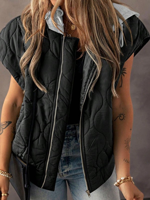 Oversized Drawstring Hooded Zip Up Puffer Vest - Sleekdenim.com