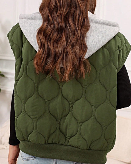 Oversized Drawstring Hooded Zip Up Puffer Vest - Sleekdenim.com