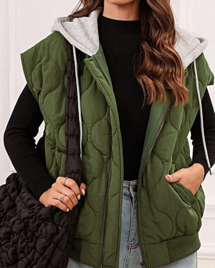 Oversized Drawstring Hooded Zip Up Puffer Vest - Sleekdenim.com